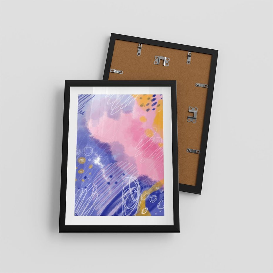 Plakat w ramie 30x40 - Migocące Granice Kształtów - abstrakcyjny plakat, pastelowe kolory - rama czarna