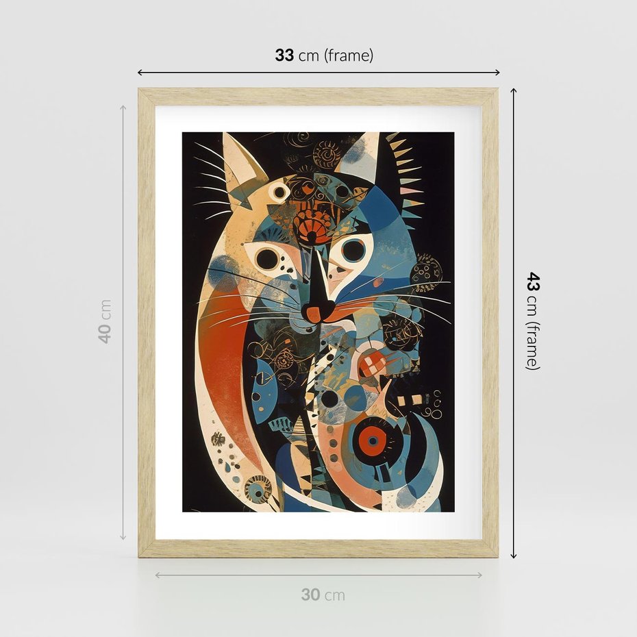 Plakat w ramie 30x40 - Księga Surrealnych Wymiarów - abstrakcyjny obraz olejny, kot - rama drewno
