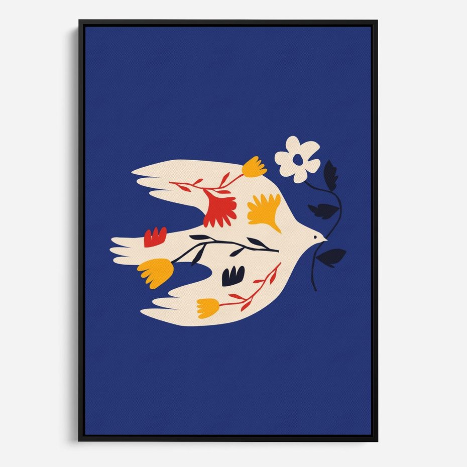 Obraz w ramie 70x100 - Bezczasowy Szept - niebieskie tło, abstrakcyjny biały ptak - rama czarna