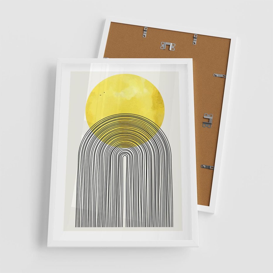 Plakat w ramie 50x70 - Słoneczne Odbicia - geometria, żółte koło - rama biała