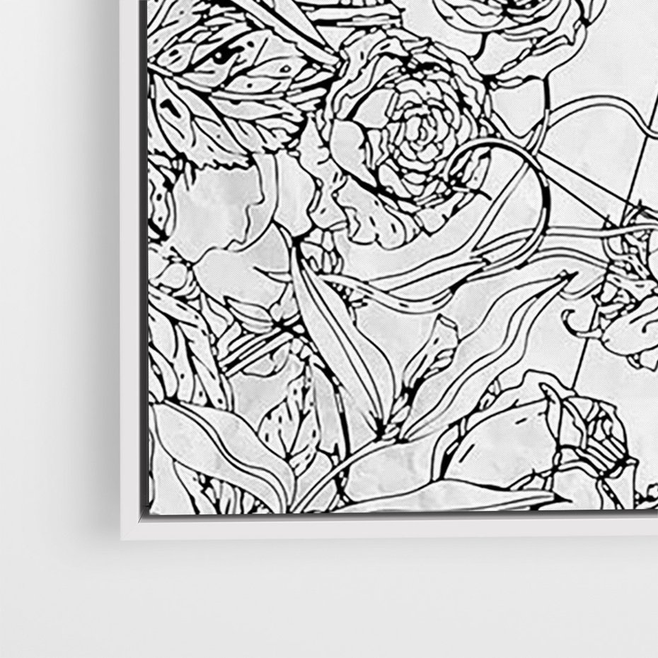 Obraz w ramie 70x100 - Refleksje w martwym punkcie - graficzny szkic, kompozycja kwiatów - rama biała