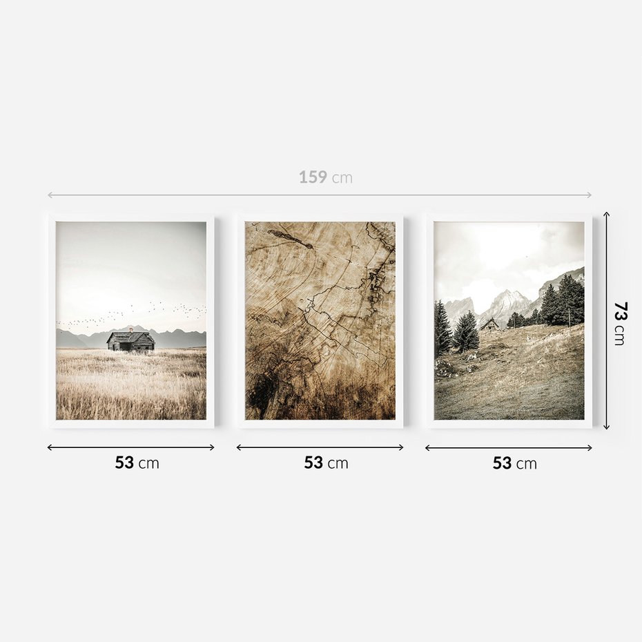 Zestaw obrazy w ramie 50x70 galeria - Rustykalne, pejzaże, góry, chatka - rama biała