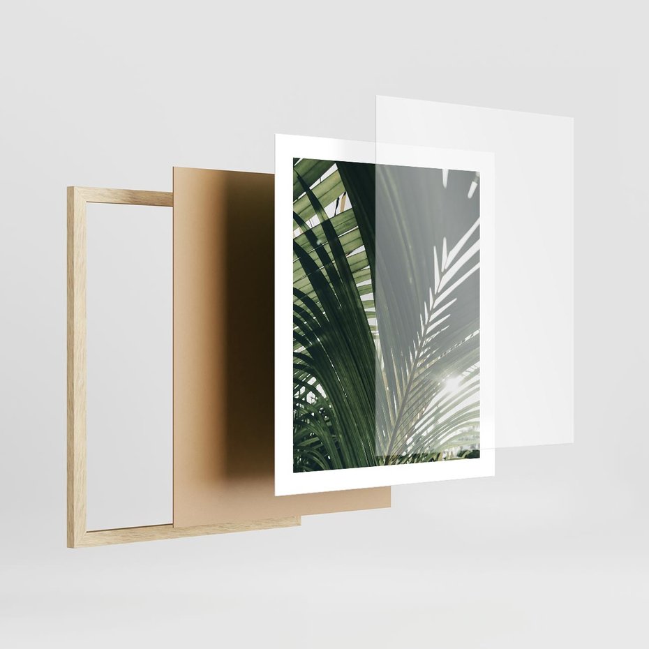 Plakat w ramie 40x50 - Tropikalne Uroki: Palmy i Zielone Liście - palmy, zielone liście - rama drewno