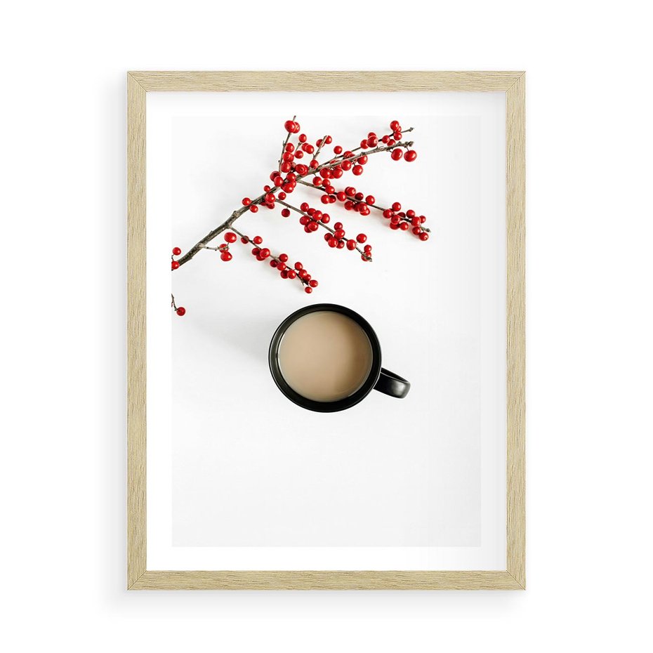 Plakat w ramie 50x70 - Filiżanka Kawy z Gałązką Jarzębiny - kawa, gałązka jarzębiny - rama drewno