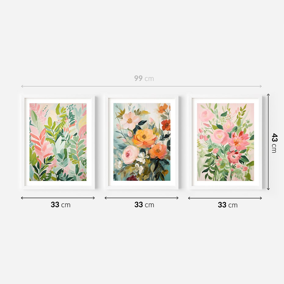 Zestaw obrazy w ramie 30x40 galeria - kwiaty, akwarela, pastele, liście - rama biała