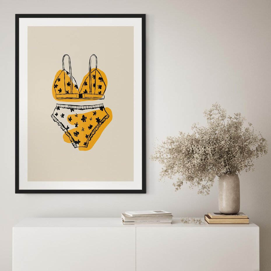 Plakat w ramie 30x40 - Minimalistyczny Szkic Bielizny - minimalistyczna grafika, szkic bielizny - rama czarna