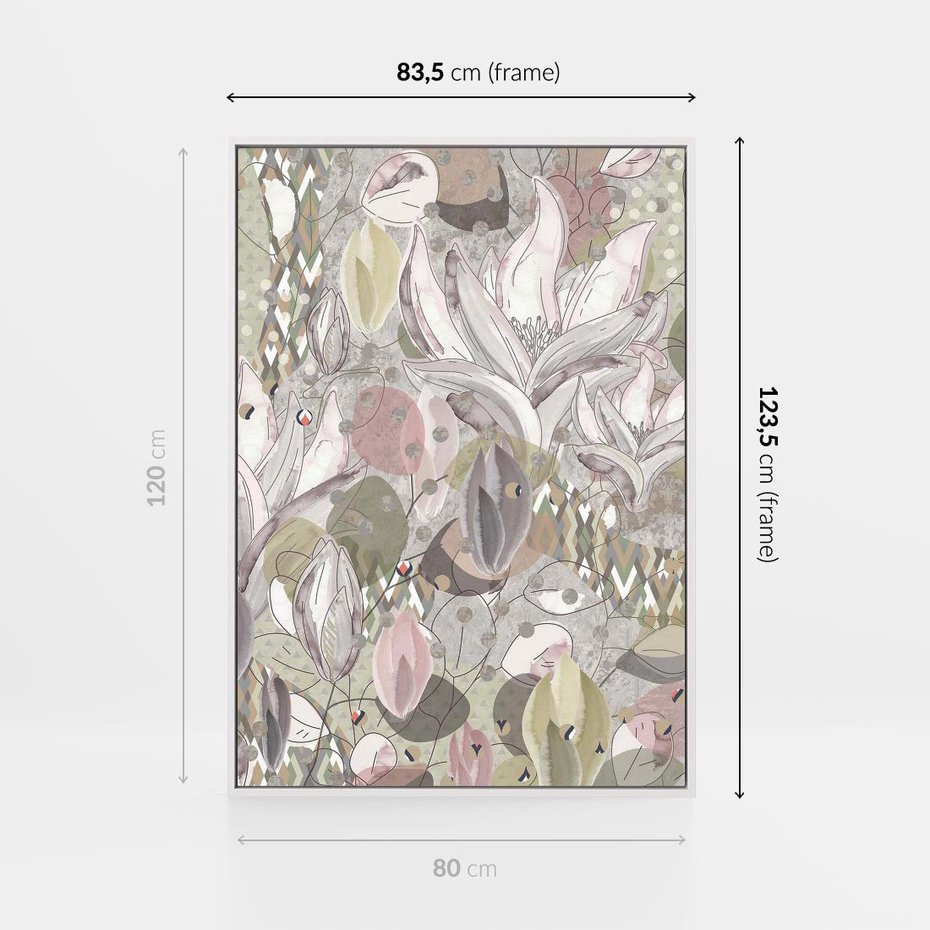 Obraz w ramie 80x120 - Pejzaże zatajonej duszy - połączenie tekstur, roślinne motywy - rama biała
