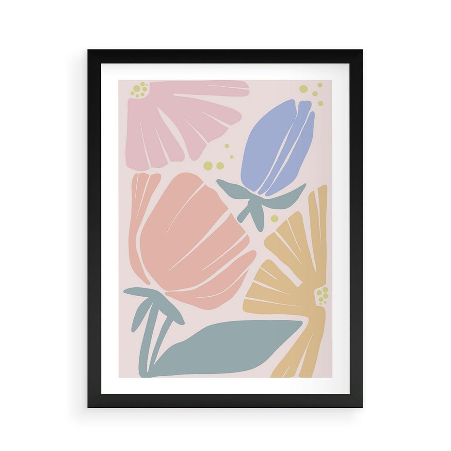 Plakat w ramie 50x70 - Rozkwitające Harmonie Natury - pastelowe kwiaty, na beżowym tle - rama czarna