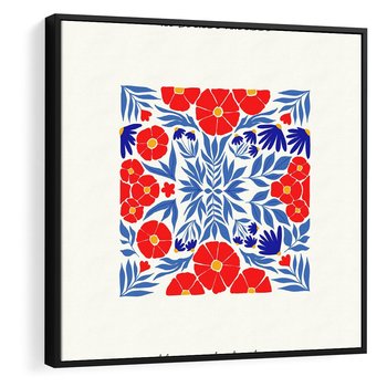 Obraz w ramie 50x50 - Tajemnicza Droga - nowoczesna kwiatowa kompozycja, czerwony i niebieski - rama czarna
