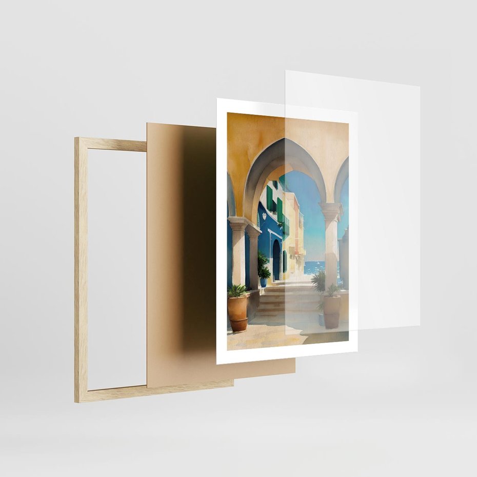 Plakat w ramie 50x70 - Nadmorskie Łuki - akwarela, śródziemnomorski klimat - rama drewno
