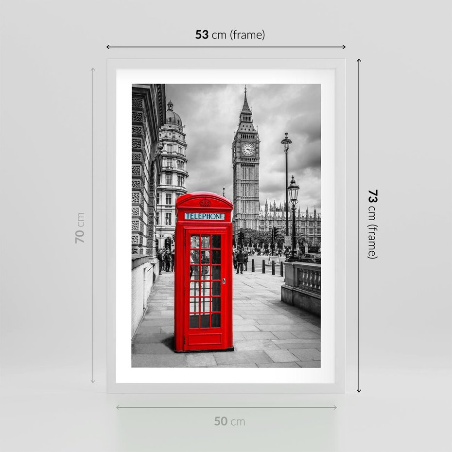 Plakat w ramie 50x70 - Budka telefoniczna w Londynie - budka, Londyn - rama biała