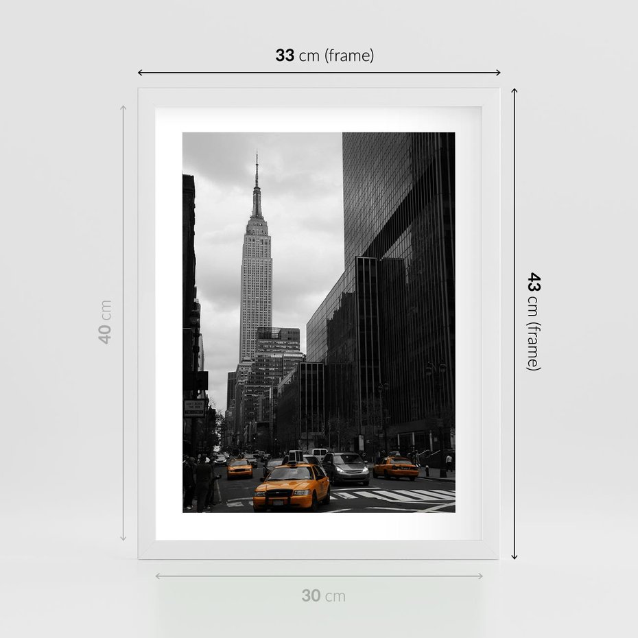 Plakat w ramie 30x40 - Nowy York, taksówka w ruchu - Nowy York, taksówka - rama biała