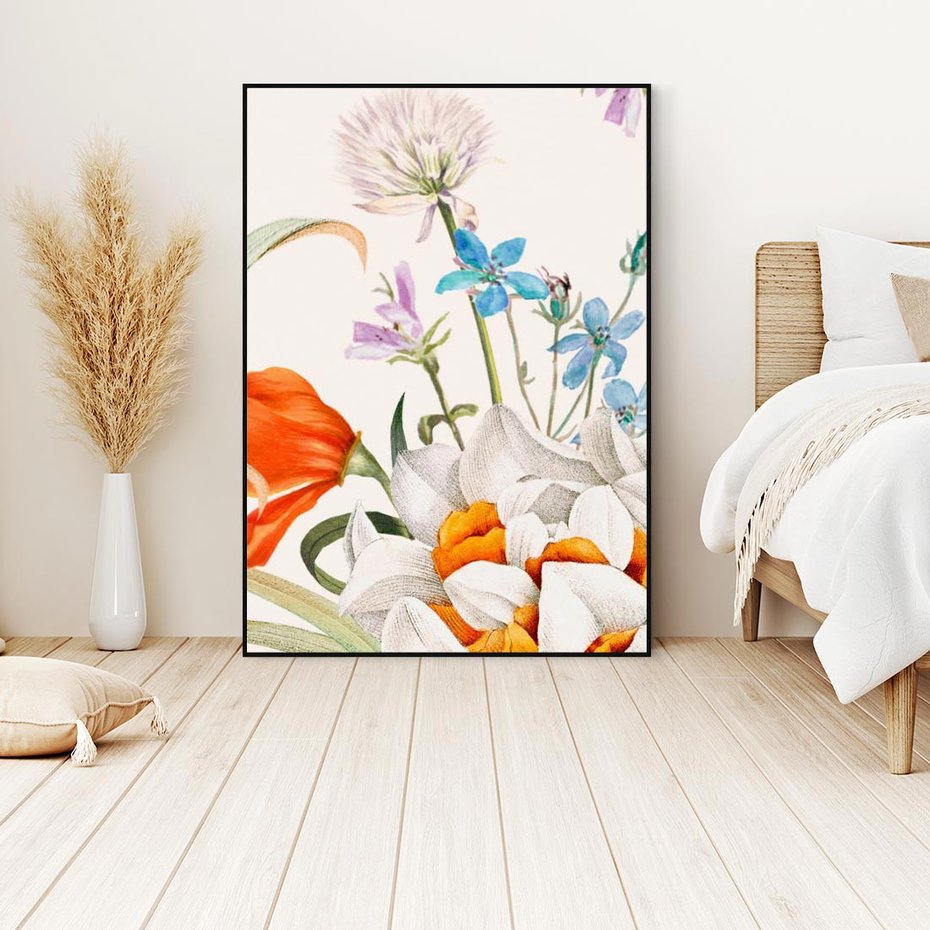 Obraz w ramie 50x70 - Polne Kwiaty - polne kwiaty, na białym tle - rama czarna