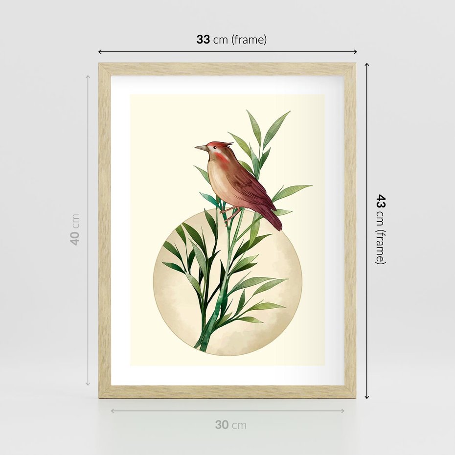 Plakat w ramie 30x40 - Rozkwitająca Delikatność - japońska sztuka, ptak - rama drewno