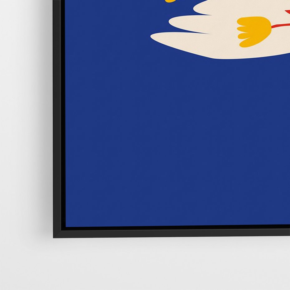 Obraz w ramie 50x70 - Bezgraniczne Widoki - niebieskie tło, abstrakcyjny biały ptak - rama czarna