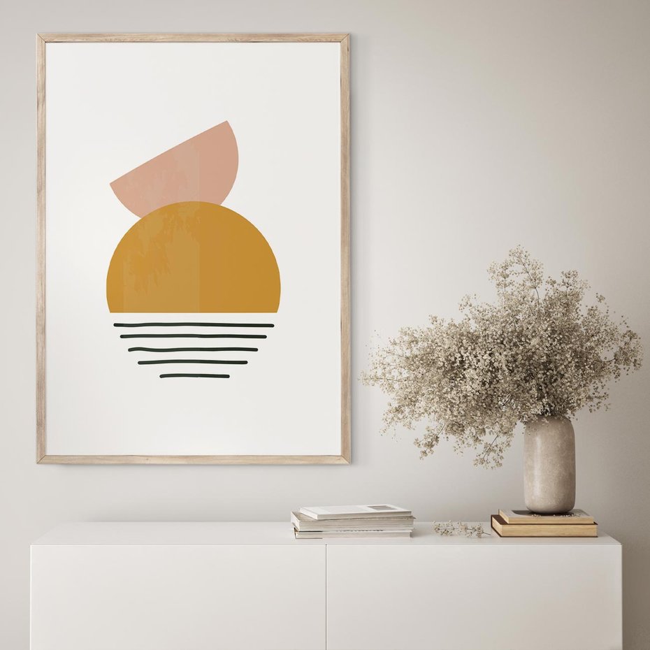 Plakat w ramie 30x40 - Kolory Przyszłości - kompozycja kół i kresek, ciepłe kolory - rama drewno