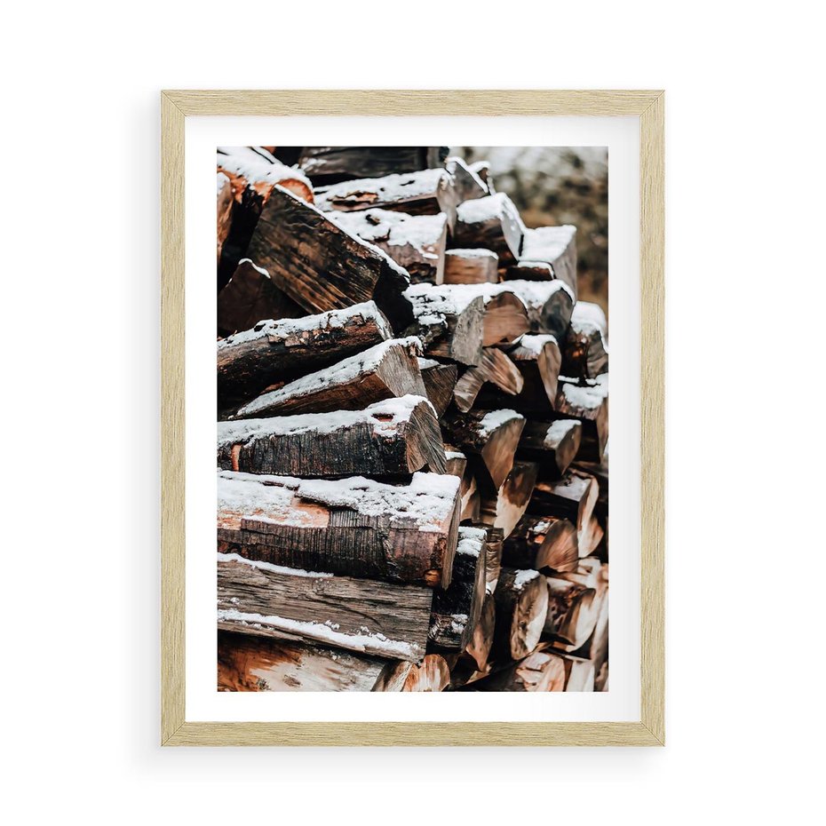 Plakat w ramie 50x70 - Zimowa Drewniana Idylla - drewno, kłody - rama drewno
