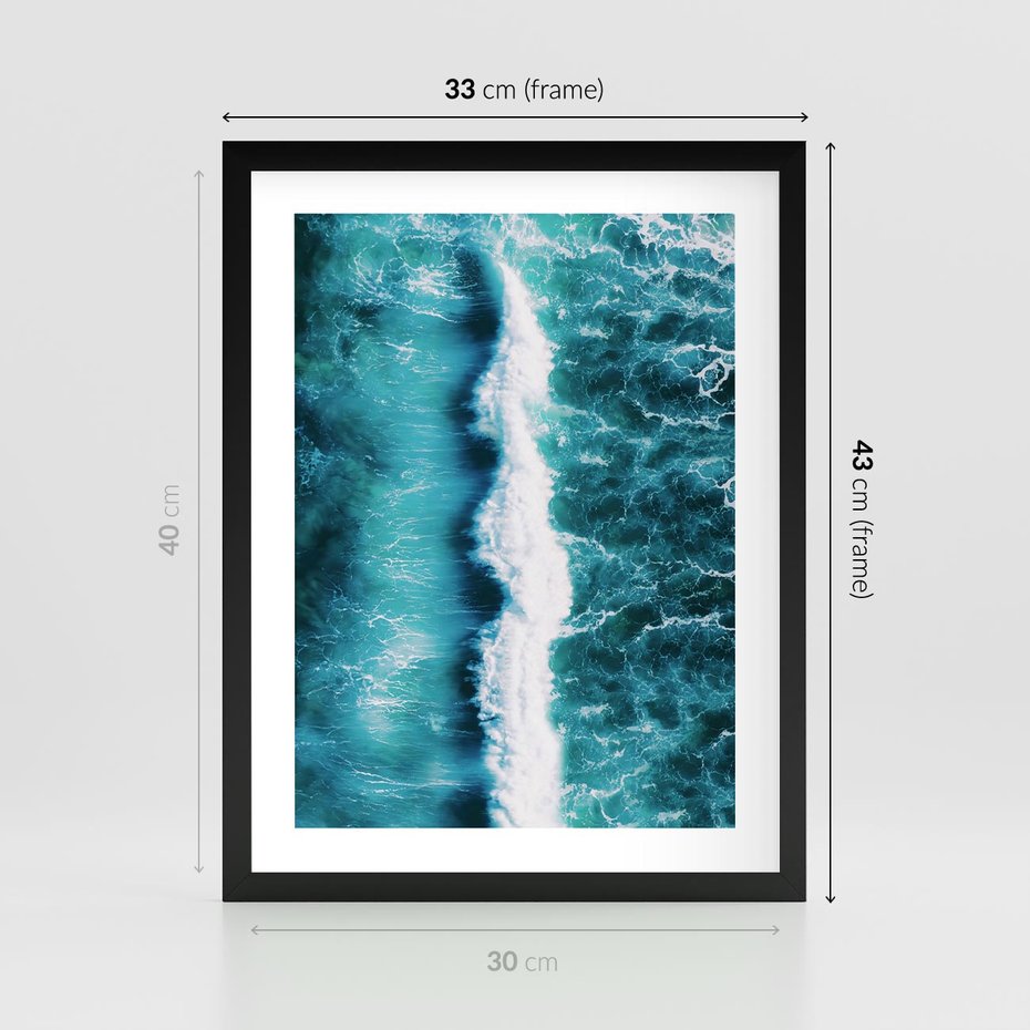 Plakat w ramie 30x40 - Błękitna Siła Oceanu - fale, ocean - rama czarna