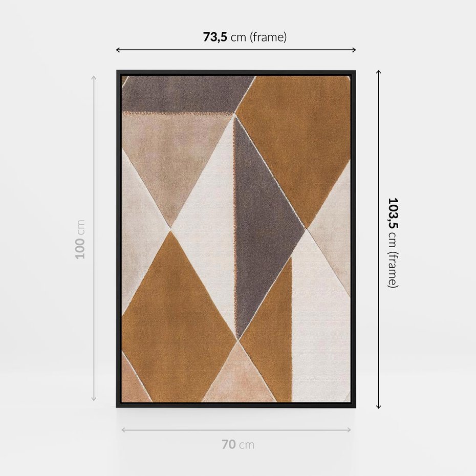 Obraz w ramie 70x100 - Odblaski niespełnionych marzeń - kompozycja z trójkątów, mix kolorów ziemi - rama czarna