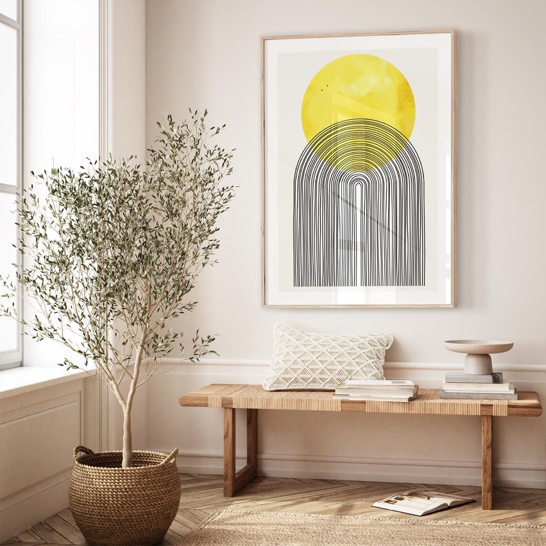 Plakat w ramie 40x50 - Słoneczne Odbicia - geometria, żółte koło - rama drewno