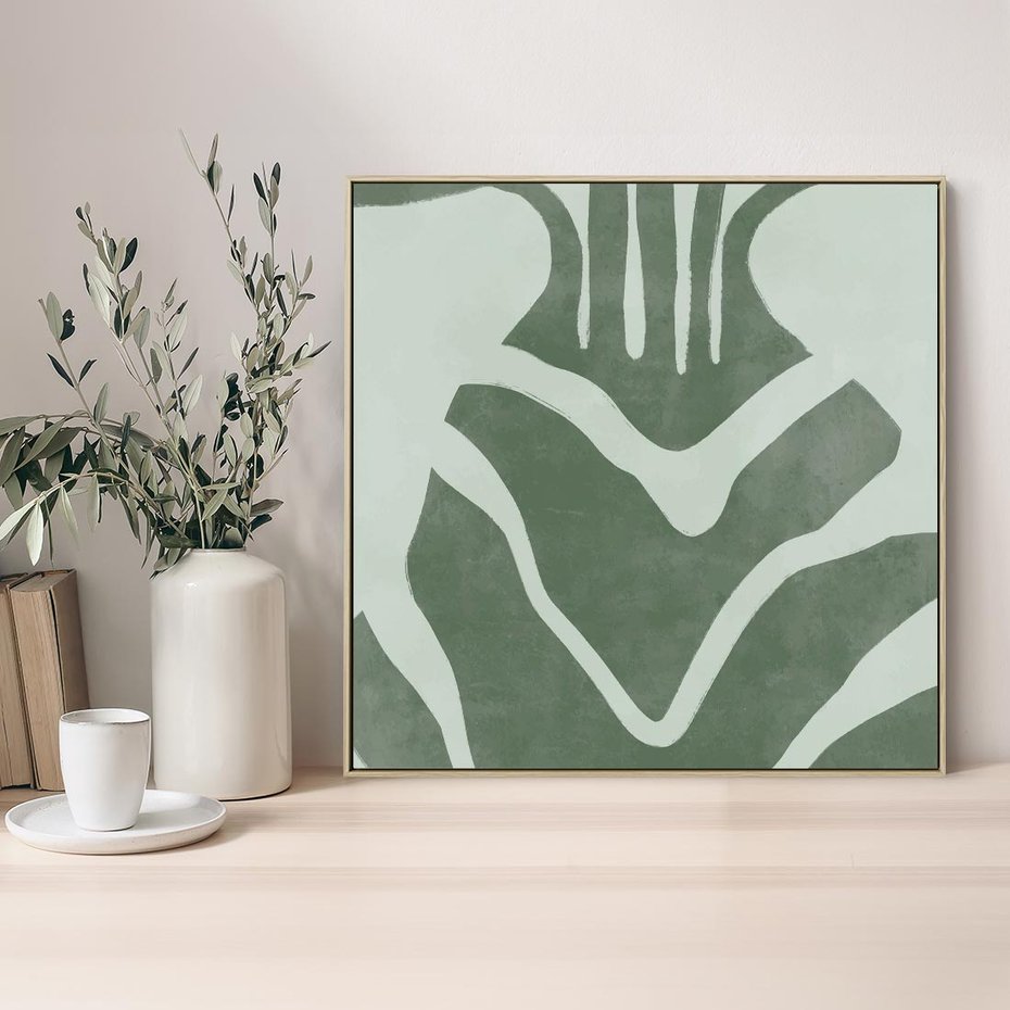 Obraz w ramie 80x80 - Zieleń Odpoczynku - zielony plakat, nieregularne splątane linie - rama drewno