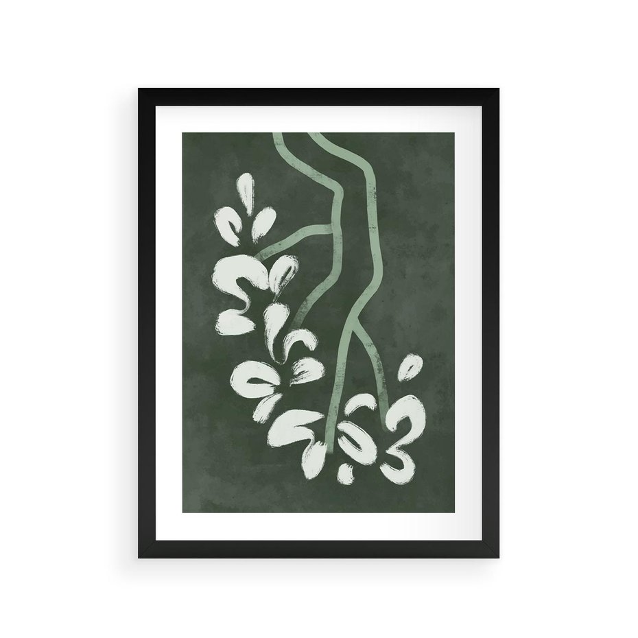Plakat w ramie 30x40 - Rozkwitające Zielone Gałęzie - abstrakcyjne delikatne zielone linie, podobne do gałęzi kwiatów - rama czarna
