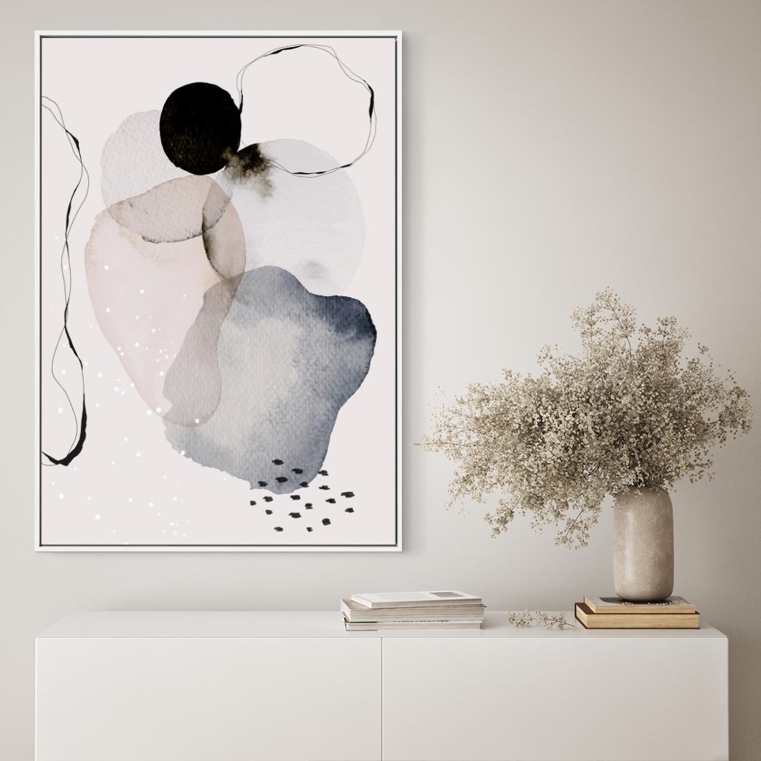 Obraz w ramie 50x70 - Migocące Barwy - abstrakcyjne plamy akwarelowe, czarny szkic - rama biała