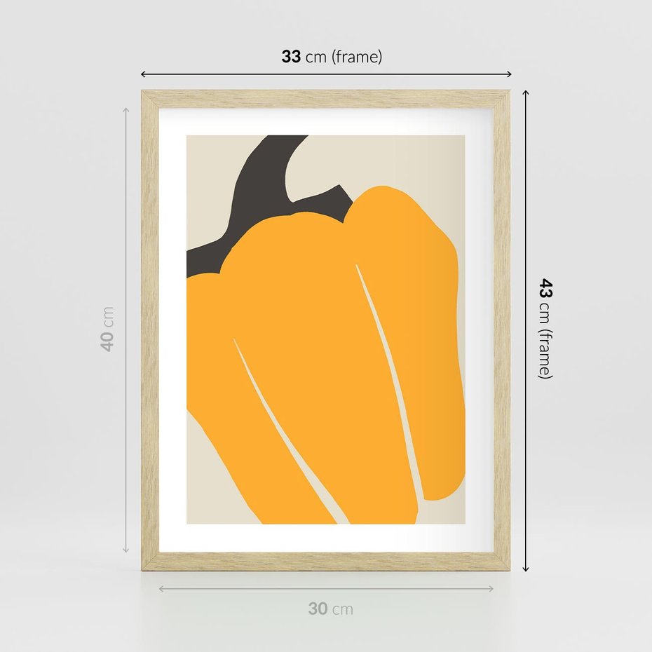 Plakat w ramie 30x40 - Migocące Formy - abstrakcyjny minimalistyczny obraz, żółta papryczka - rama drewno