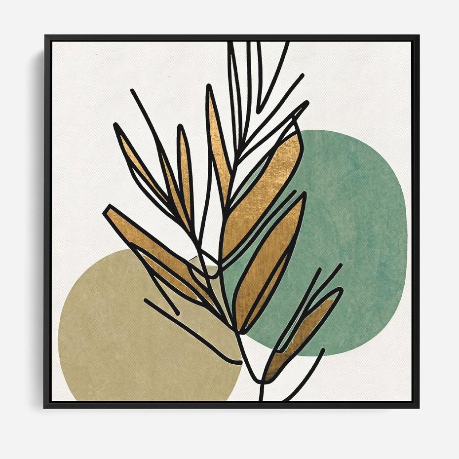 Obraz w ramie 50x50 - Migocące Ścieżki Wizji - abstrakcyjny obraz boho, liście - rama czarna