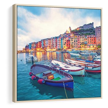 Obraz w ramie 50x50 - Tańczące kolory zachodu - nadmorskie kolorowe miast, kolorowe budynki na brzegu - rama drewno