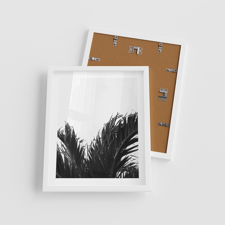 Plakat w ramie 40x50 - Tropikalna Uroda w Czerni i Bieli - fotografia czarno biała, liście palmy - rama biała