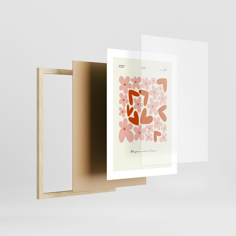 Plakat w ramie 30x40 - Miłość w Kompozycji - grafika, kompozycja kwiaty i serca - rama drewno
