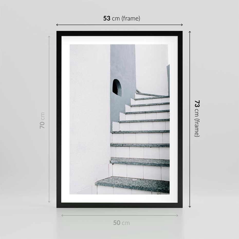 Plakat w ramie 50x70 - Schody ku Urokowi Wyspy - schody, santorini - rama czarna