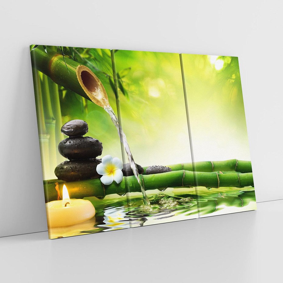 Obraz na płótnie 120x80 - Harmonia natury: Bambus, woda, kamienie - bambus, woda
