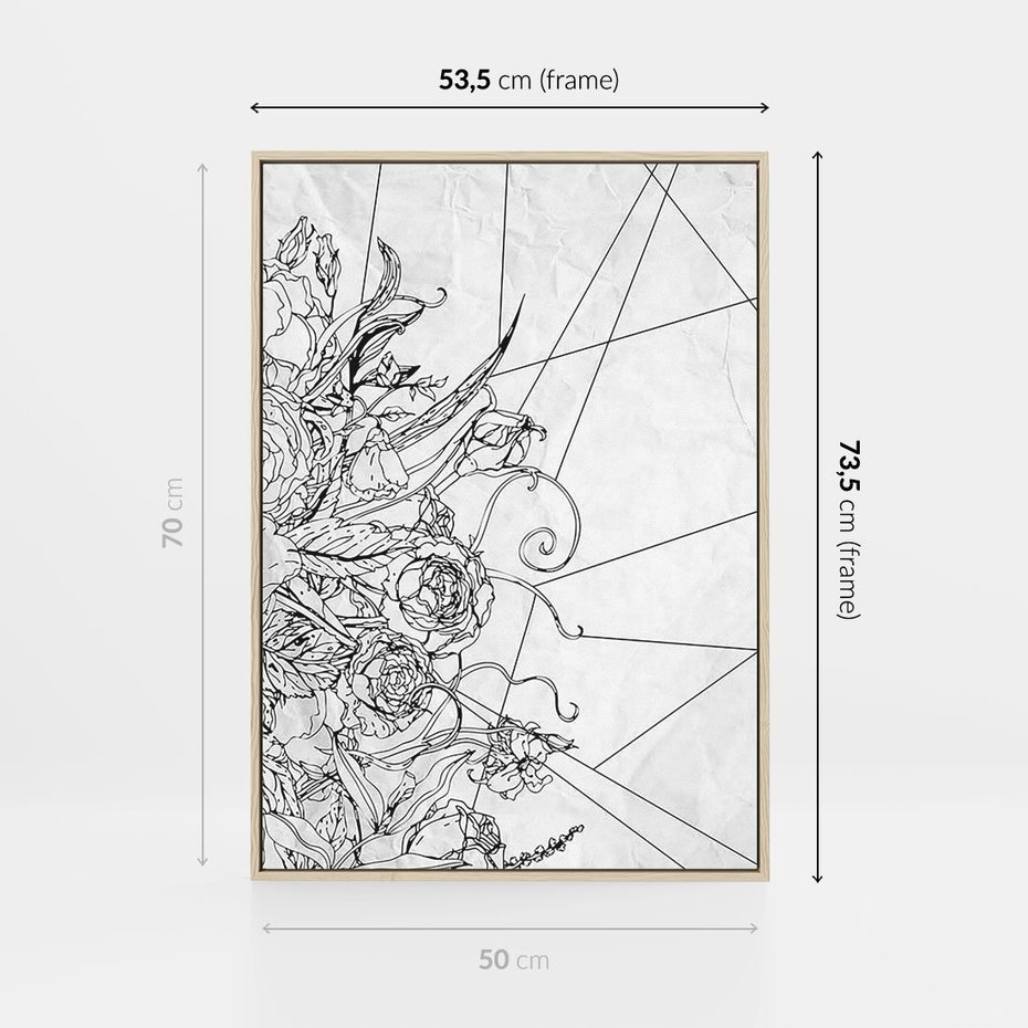 Obraz w ramie 50x70 - Refleksje w martwym punkcie - graficzny szkic, kompozycja kwiatów - rama drewno