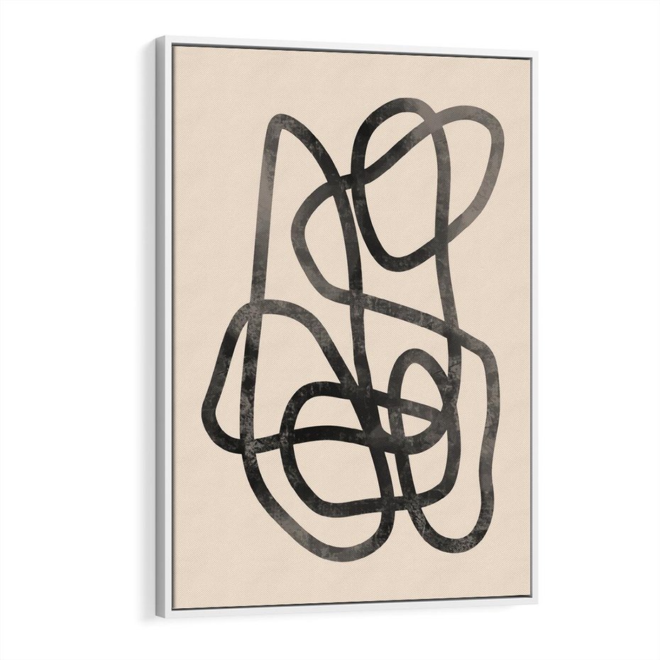 Obraz w ramie 70x100 - Przenikanie Wirtualnych Wymiarów - zaplątane minimalistyczne linie, na bezowym tle - rama biała