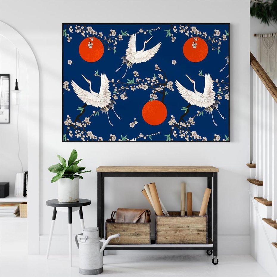 Obraz w ramie 70x50 - Japońskie Żurawie Indygo - sztuka japońska, japonia - rama czarna