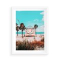 Plakat w ramie 50x70 - Plaża, Palmy i Spokój Miami - budka ratownika, plaża Miami - rama biała