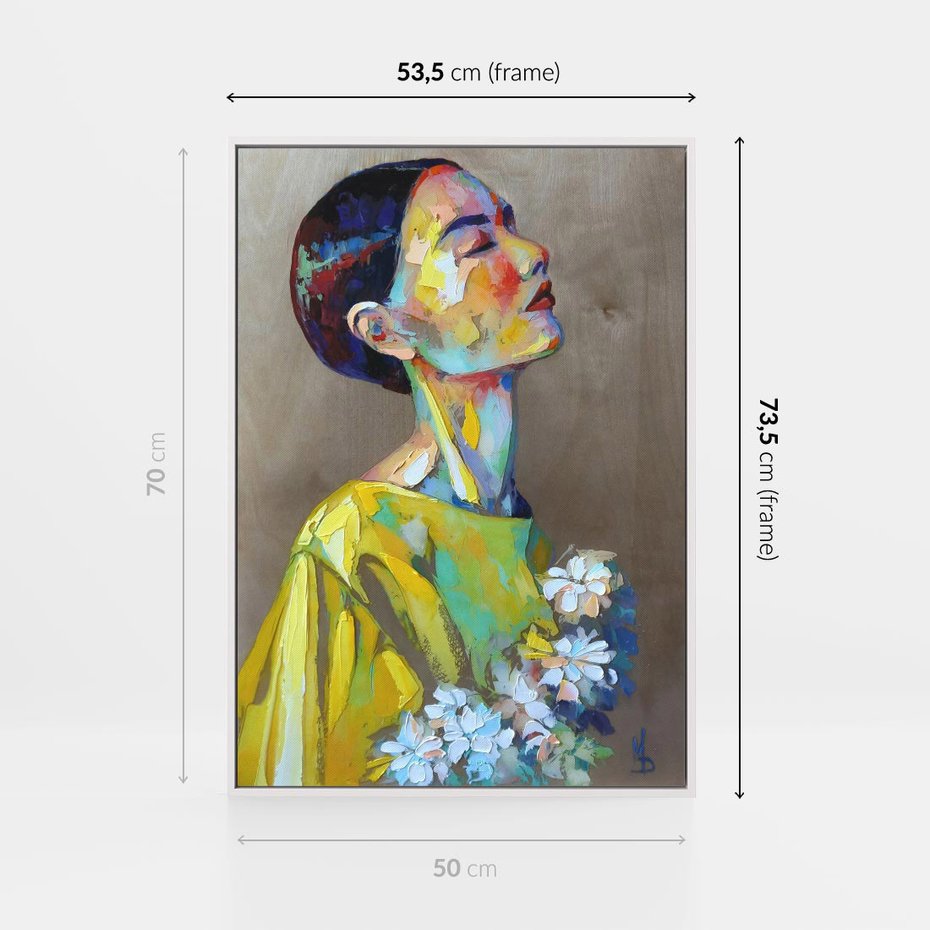 Obraz w ramie 50x70 - W Żółtej Sukience - olejny abstrakcyjny obraz, portret kobiety w żółtej sukience - rama biała