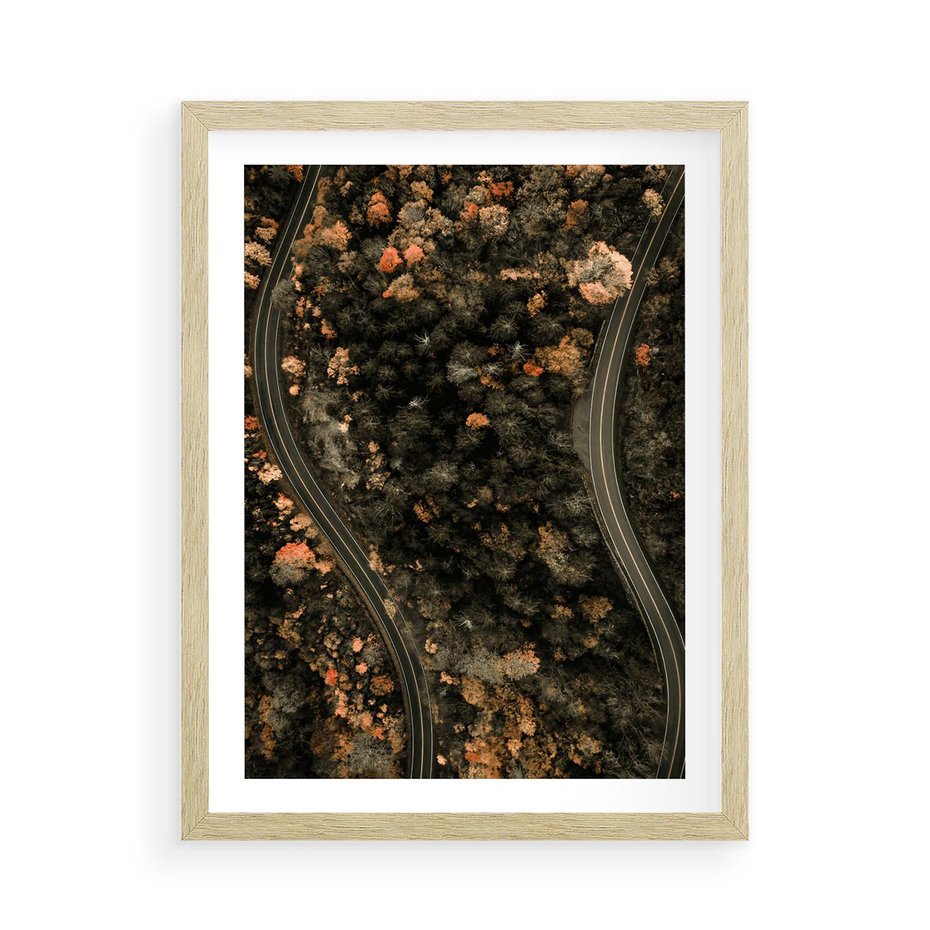Plakat w ramie 50x70 - Las i Droga w Kolorach Jesieni - droga, ujęcie z góry - rama drewno