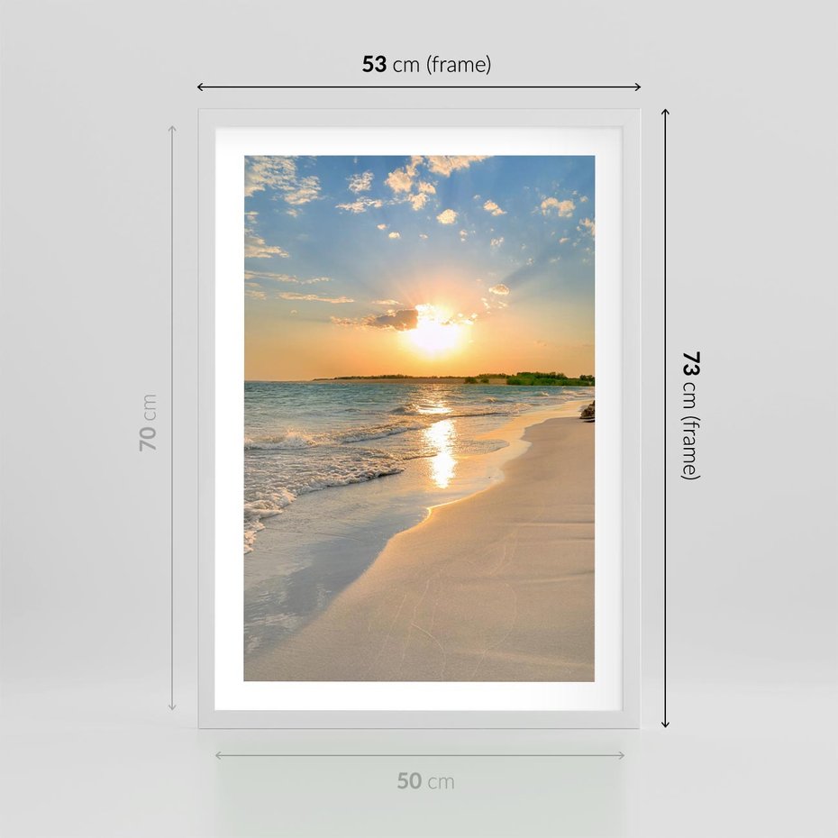 Plakat w ramie 50x70 - Zachód słońca na plaży - plaża, zachód - rama biała