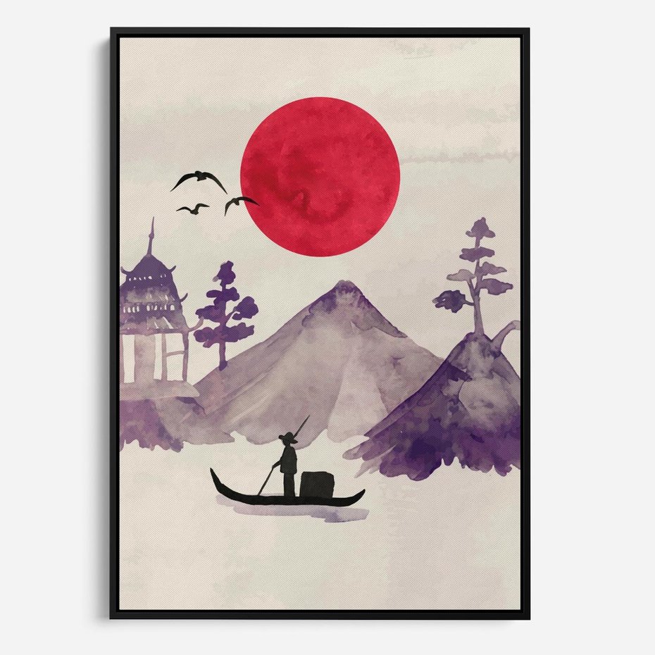 Obraz w ramie 50x70 - Odbicie Słońca - japońska sztuka, akwarela - rama czarna