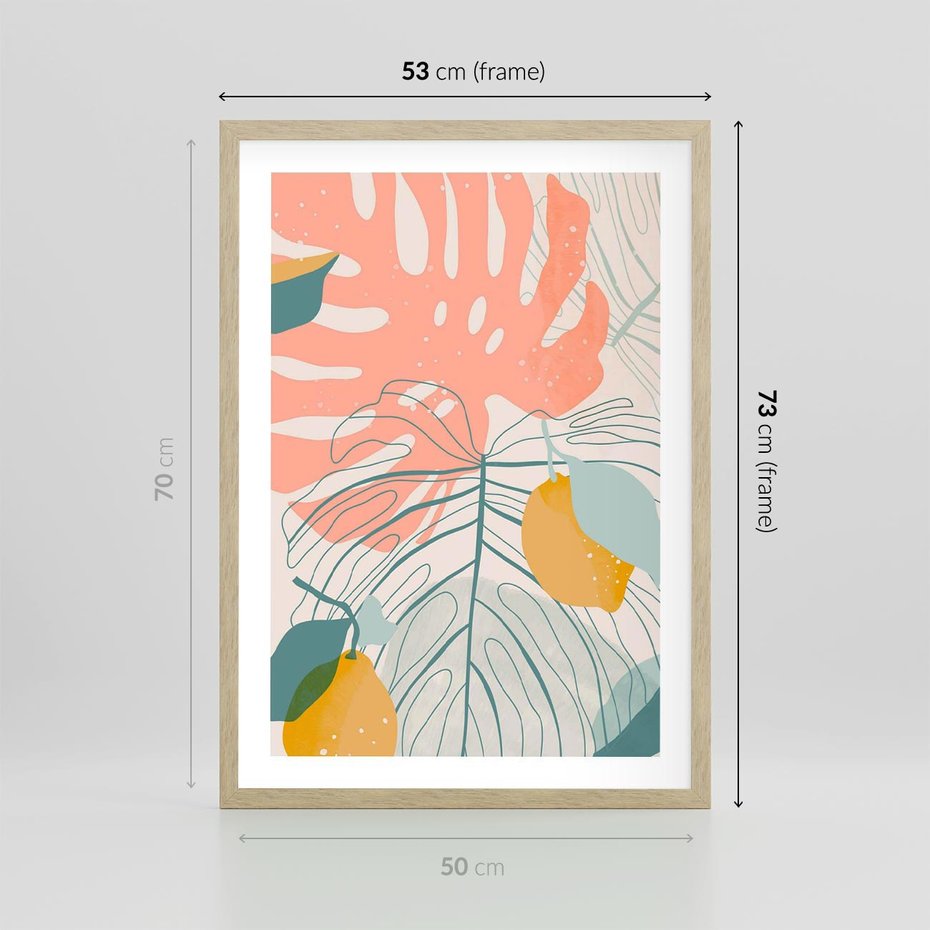 Plakat w ramie 50x70 - Sztuka Natury: Liście Monstery w Pastelach - nowoczesna grafika, pastelowe liście monstery - rama drewno
