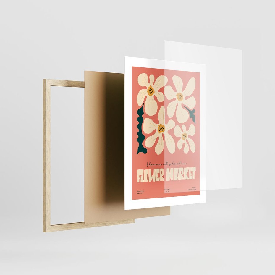 Plakat w ramie 30x40 - Szkicowane Kolorowe Uczucia - kwiatowa kompozycja, minimalizm - rama drewno