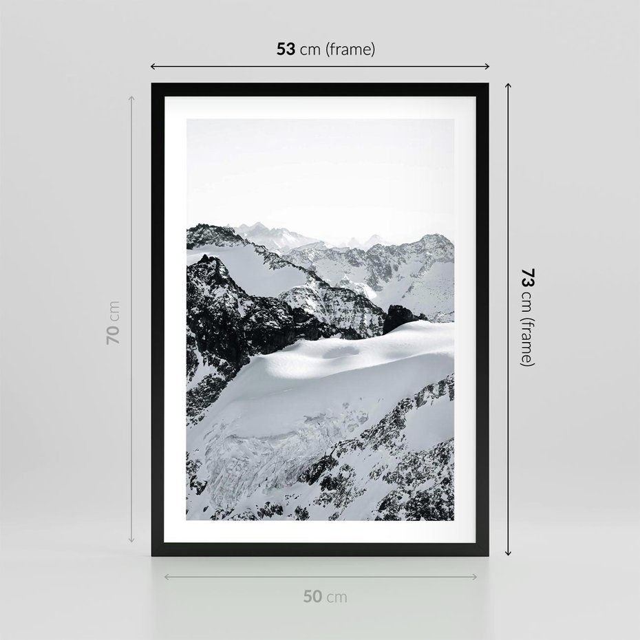 Plakat w ramie 50x70 - Biały Zimowy Pejzaż - góry w zimie, ośnieżone wysokie szczyty - rama czarna