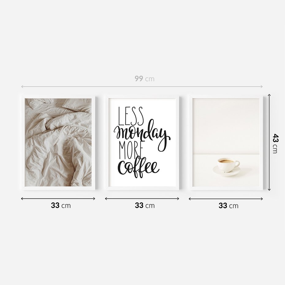 Zestaw obrazy w ramie 30x40 galeria - Kawa, łóżko, pościel, minimalizm - rama biała