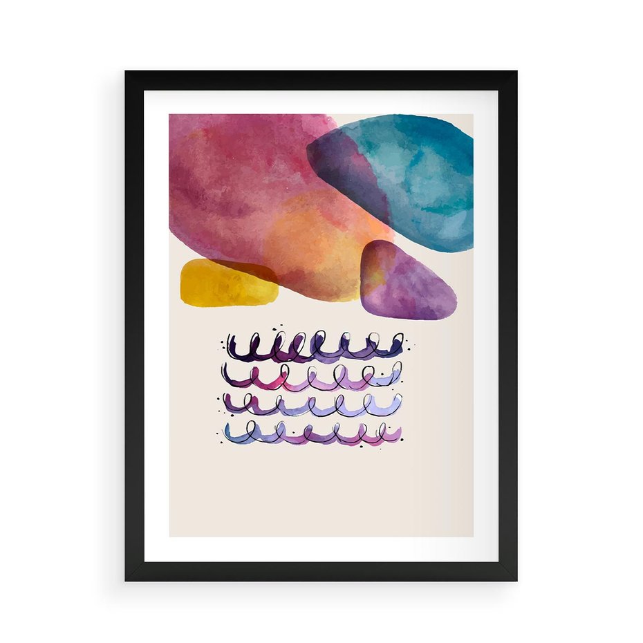 Plakat w ramie 50x70 - Impresje Akwarelowej Przestrzeni - kolorowe pastelowe plamy, rozmyte żywe kolory - rama czarna