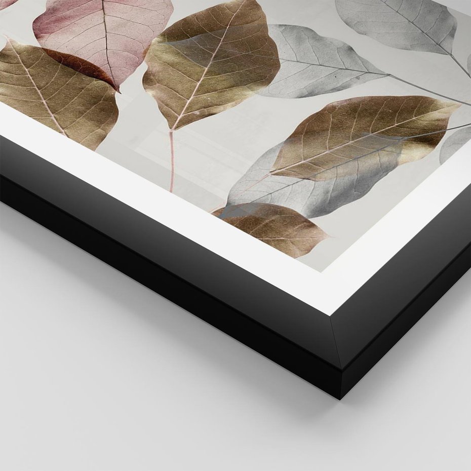 Plakat w ramie 50x70 - Pastelowe Liście z Nutką Złota - liście, pastelowe kolory - rama czarna