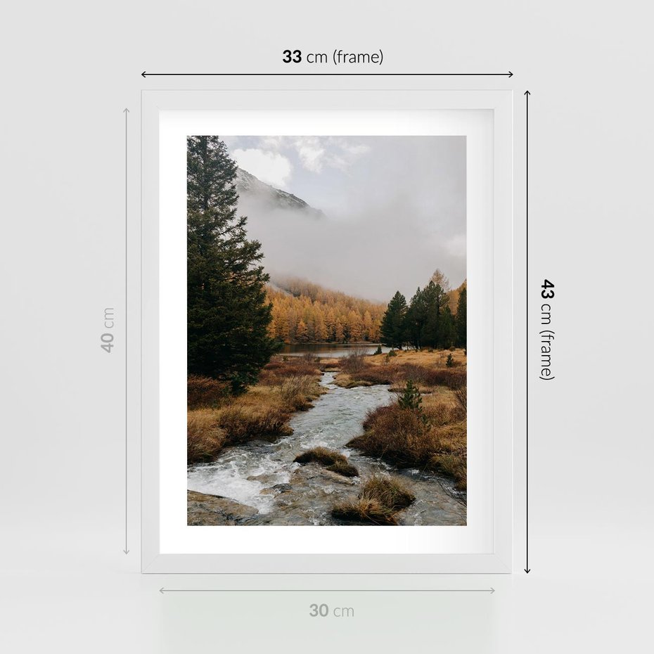 Plakat w ramie 30x40 - W Górskiej Dolinie - artystyczna fotografia, las - rama biała
