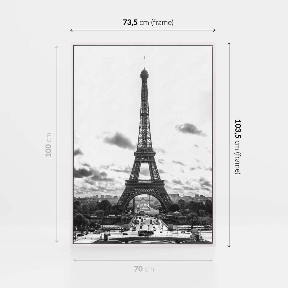 Obraz w ramie 70x100 - Wieża Eiffla - czarno białe zdjecie, wieża eiffla - rama biała